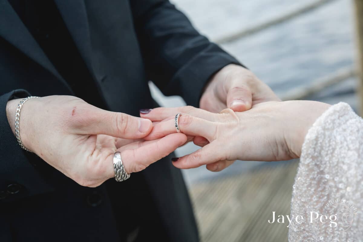 a bride and groom exchange wedding rings
